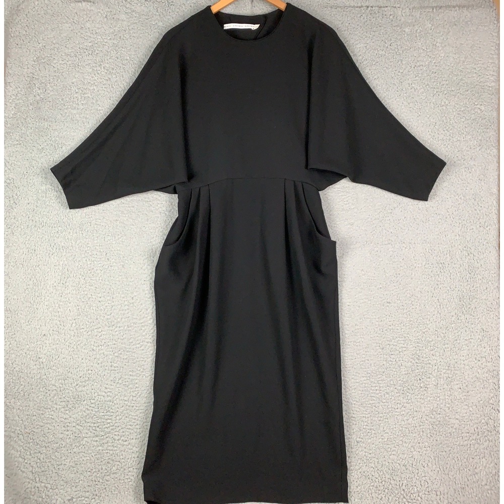& Other Stories Midi Dress Womens US 8 Black Pleated Pockets Crepe Dolman Sleeve